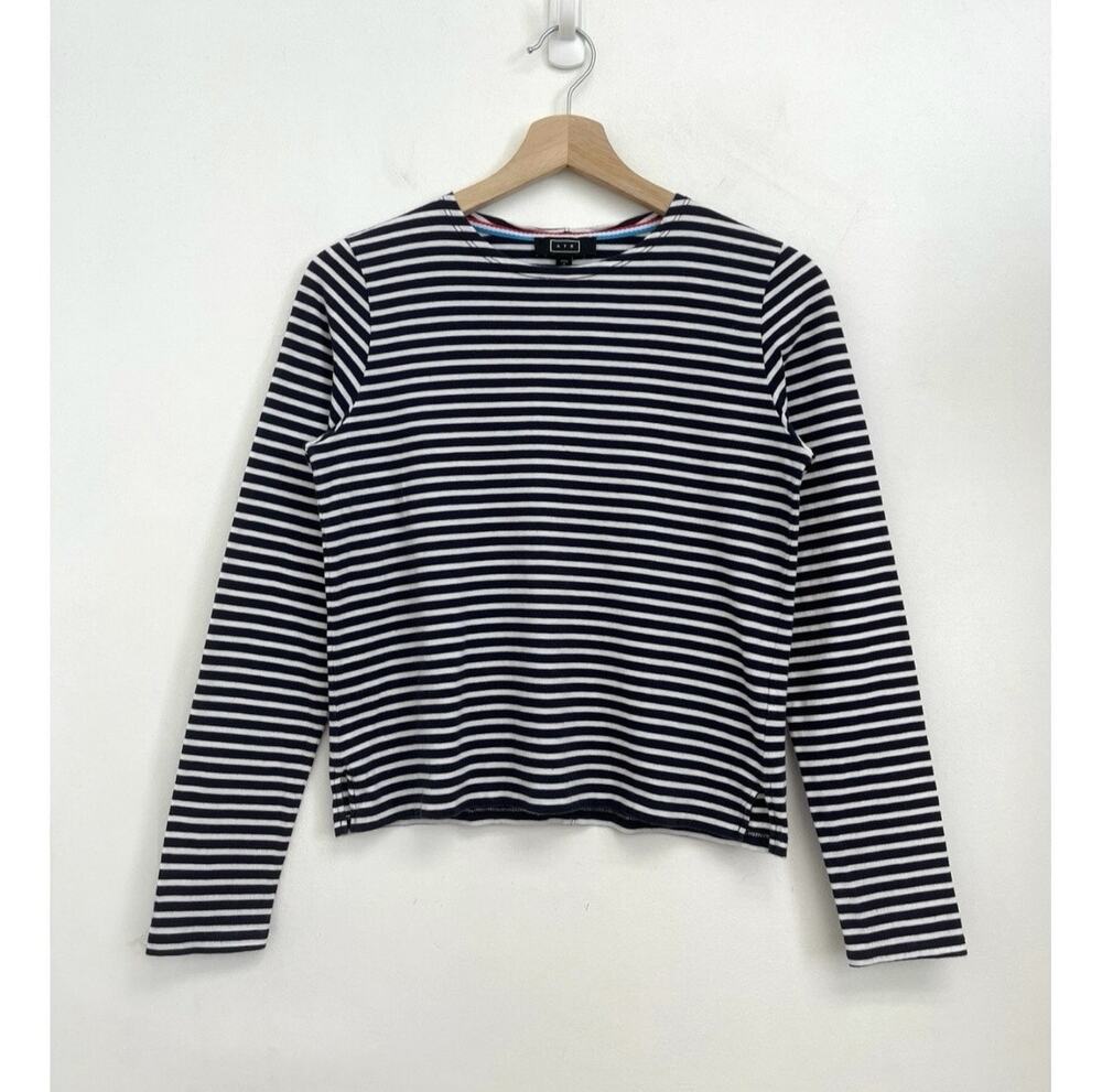 AYR Stripe Classic Boxy Crew Neck Pima Cotton Long Sleeve Tee Nautical Preppy XS